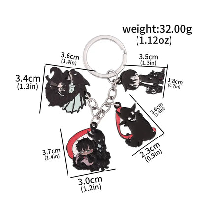 Silver solo leveling sung jin woo keychain with four black anime character charms on a metal ring for anime collection