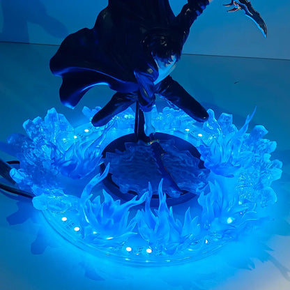 Blue led-lit solo leveling sung jin woo figurine with flowing cape and clawed hand on icy base lamp