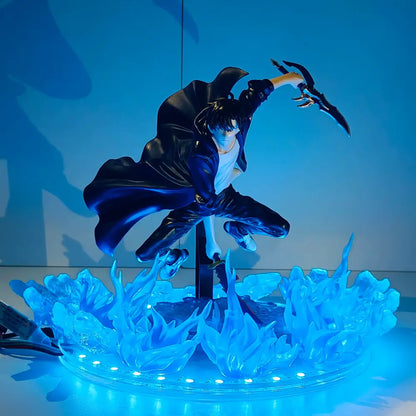 Black and blue glossy solo leveling sung jin woo led lamp figurine with illuminated base in dynamic action pose