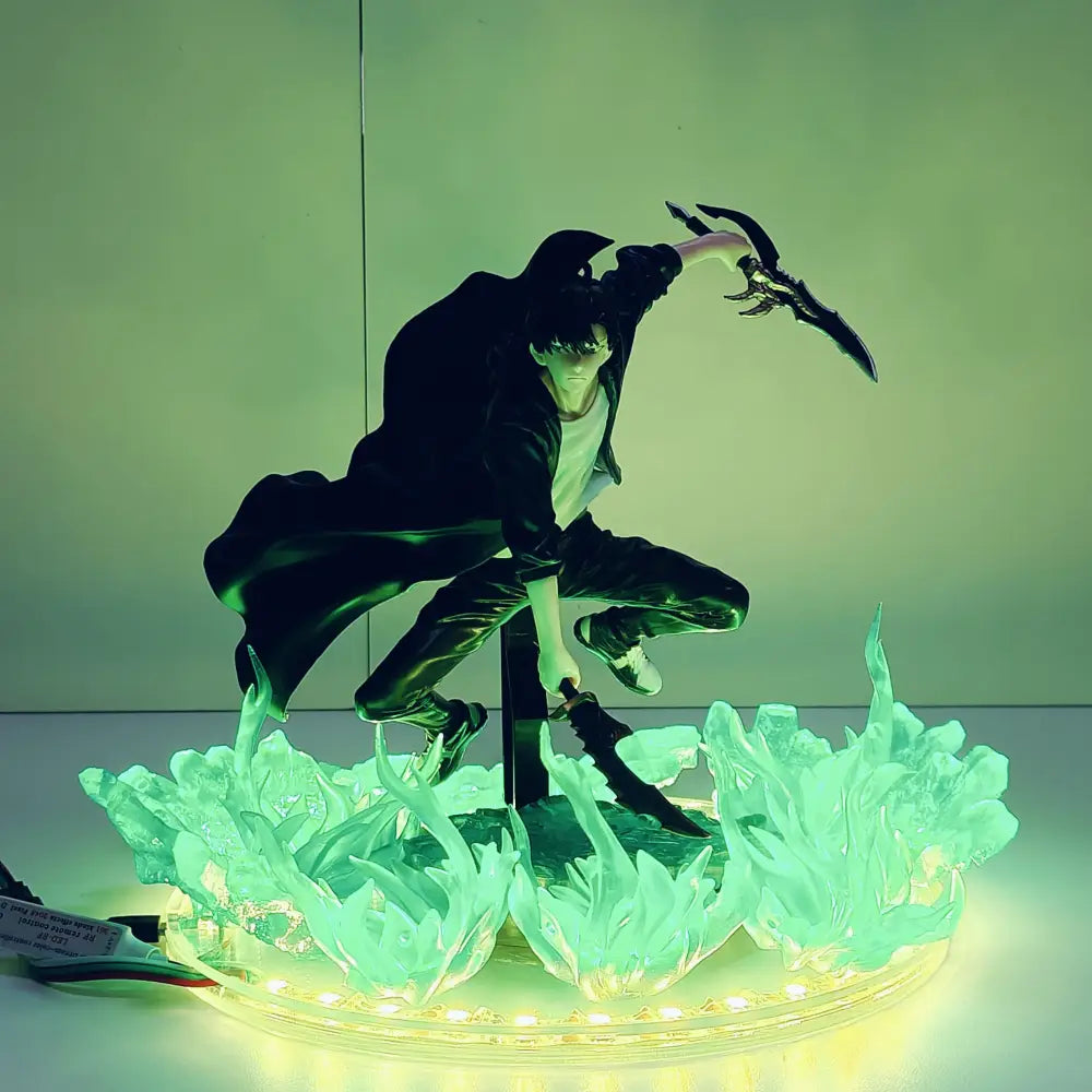 Solo leveling sung jin woo led lamp figurine in black cloak with glowing green flame base holding two ornate blades