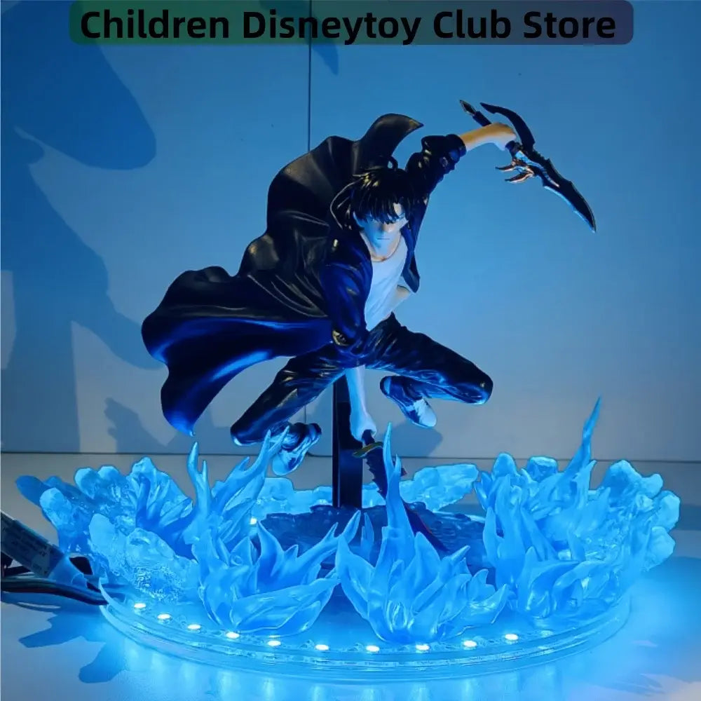 Blue led-lit solo leveling sung jin woo figurine in black and white attire posed mid-action with sword on base