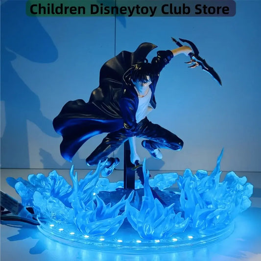 Blue led-lit solo leveling sung jin woo figurine in black and white attire posed mid-action with sword on base