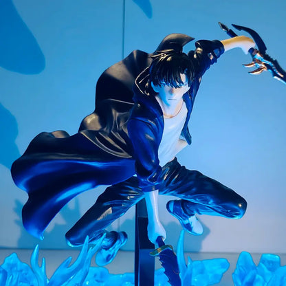 Black and blue glossy solo leveling sung jin woo led lamp figure in dynamic pose with flowing coat and white shirt