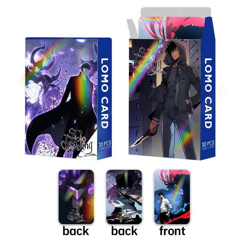 Blue solo leveling lomo card deck featuring double-sided 30pcs anime artwork with rainbow and dark fantasy design