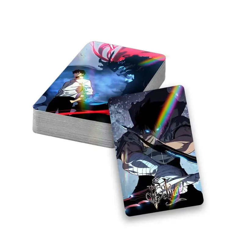 A deck of solo leveling lomo cards featuring double-sided 30pcs with vibrant glossy anime artwork and rainbow accents