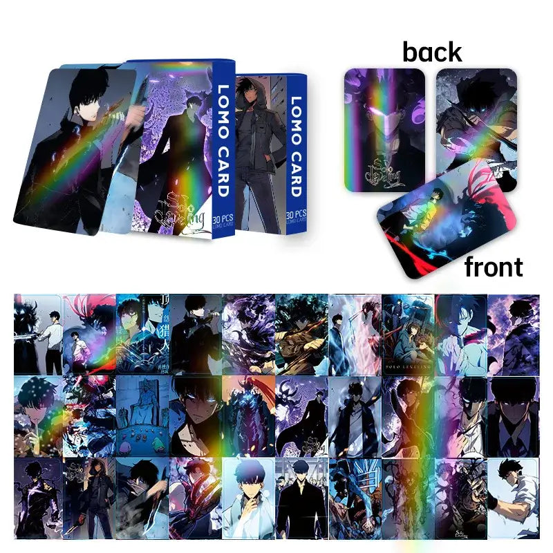 Set of 30 double-sided solo leveling lomo cards featuring vibrant rainbow holographic designs and tokyo ghoul art