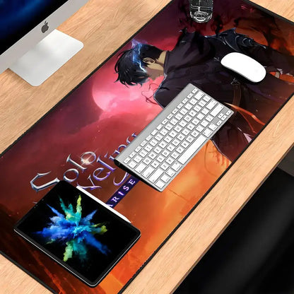 Vibrant red and orange gradient solo leveling sung jin-woo mouse pad xxl 90x40cm with anime design and colorful rise text