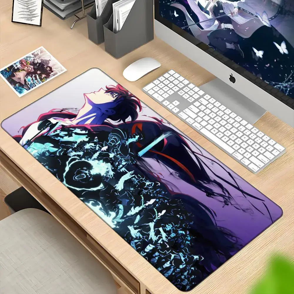 Rectangular glossy xxl 90x40cm solo leveling sung jin-woo mousepad with red hair anime and blue energy effects