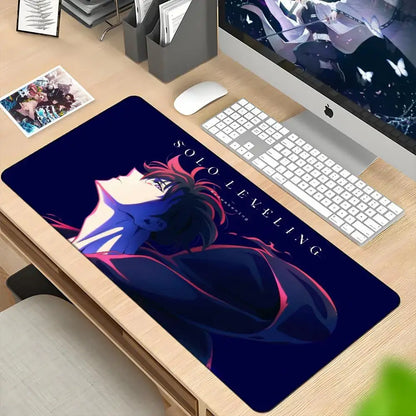 Dark blue xxl 90x40cm solo leveling sung jin-woo mousepad featuring anime character with red and black hair and white text
