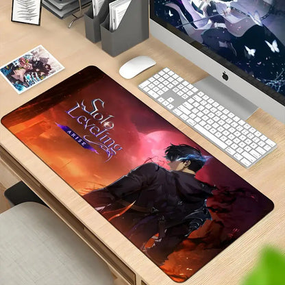 Rectangular xxl 90x40cm solo leveling sung jin-woo mousepad with vibrant dark hair anime and glowing blue energy design
