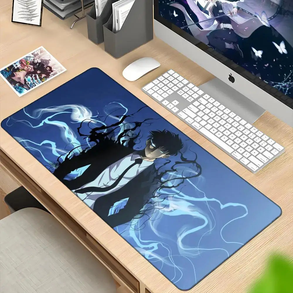 Blue solo leveling sung jin-woo mousepad xxl 90x40cm featuring character in suit with glowing blue energy tendrils