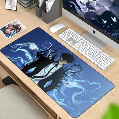 Blue solo leveling sung jin-woo mousepad xxl 90x40cm featuring character in suit with glowing blue energy tendrils