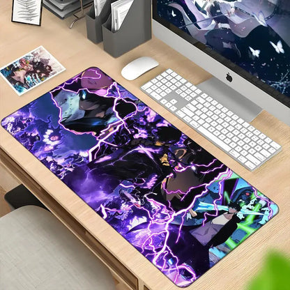 Purple and black anime-themed solo leveling sung xxl 90x40cm gaming mousepad with vibrant lightning effects