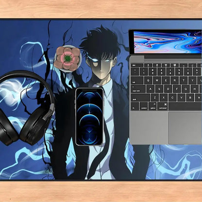 Blue solo leveling sung jin-woo mousepad xxl 90x40cm featuring black-haired character with glowing eye holding a flower object
