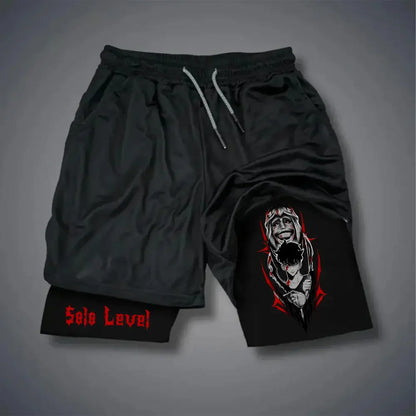 Black athletic shorts with a solo leveling sung jin-woo graphic and red solo level text on the inner leg in loose fit style
