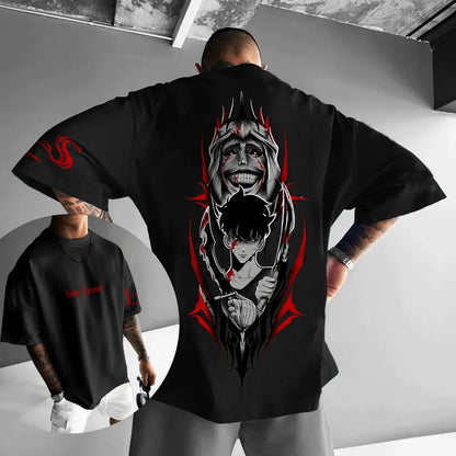 Black oversized solo leveling t-shirt with loose fit featuring sung jin-woo anime graphic in red and black on back