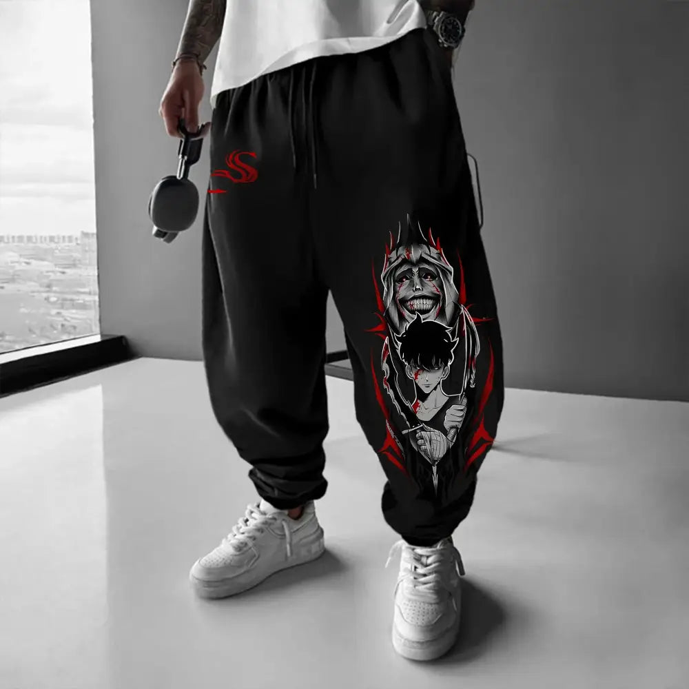 Black drawstring joggers with bold red and white solo leveling sung jin-woo anime graphic, loose fit style