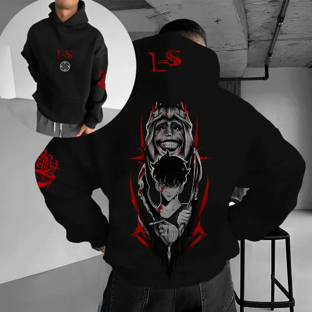 Black hoodie featuring solo leveling sung jin-woo graphic with red and white accents and red ls branding on chest in loose fit