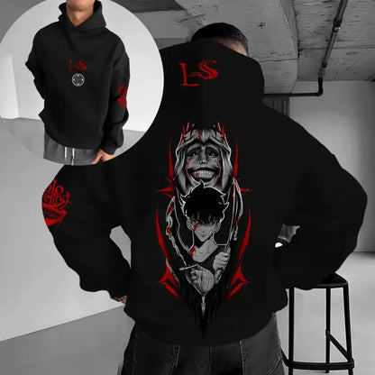 Black hoodie featuring solo leveling sung jin-woo graphic with red and white accents and red ls branding on chest in loose fit