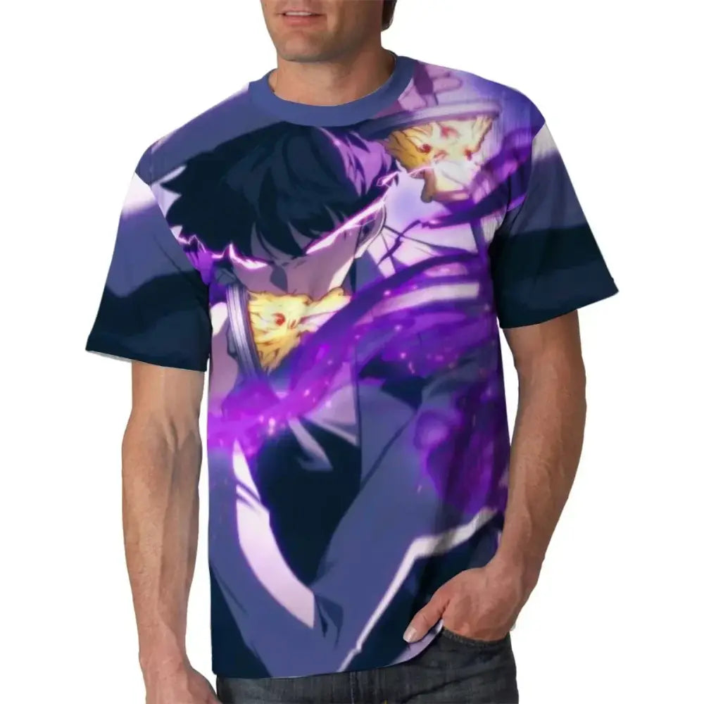 Purple and blue solo leveling oversized t-shirt featuring dynamic glowing anime character illustration quick-dry fabric