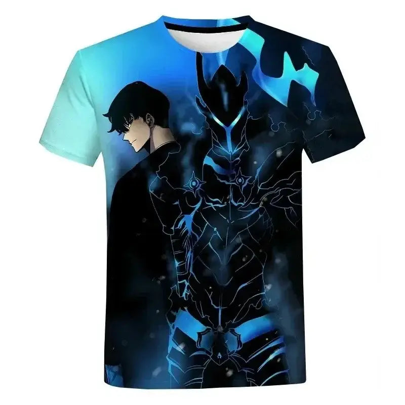 Blue and black solo leveling sung oversized quick-dry t-shirt featuring two characters on a glowing blue background