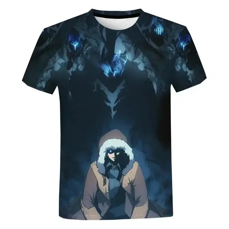 Dark blue quick-dry solo leveling oversized t-shirt with short sleeves and anime-style hooded figure graphic
