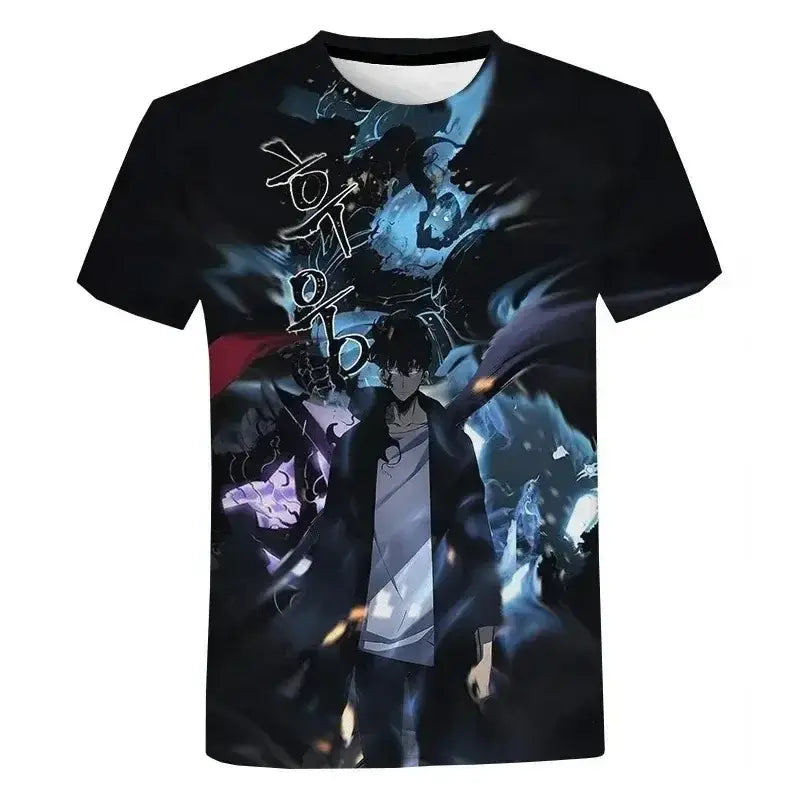 Black solo leveling oversized quick-dry t-shirt with short sleeves featuring sung jin-woo anime print and swirling energy effects