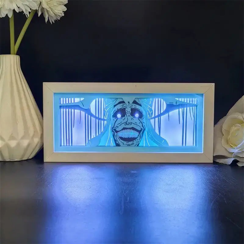 Solo leveling Sung Jin-Woo paper cut shadow box LED lamp with glowing blue skeletal face and light-up frame