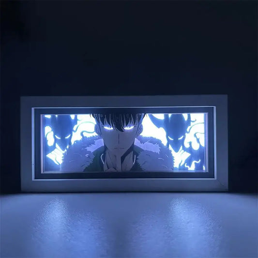 Solo leveling sung jin-woo paper cut shadow box led lamp with glowing blue silhouette and demonic figures background
