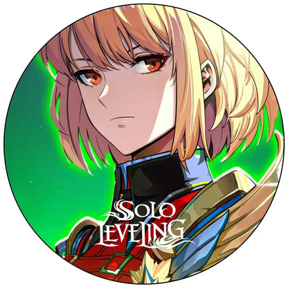 Circular handmade round brooch featuring solo leveling sung jin-woo anime character with blonde hair and red blue armor