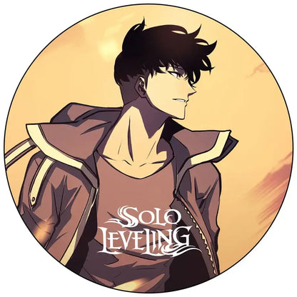 Brown and cream solo leveling pin badge featuring a handmade round brooch with stylized male figure and text solo leveling
