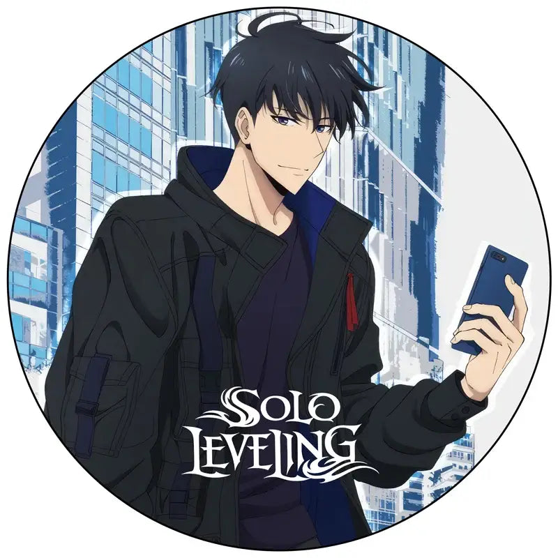 Handmade round solo leveling pin badge featuring an anime character in a black hooded jacket holding a dark blue smartphone