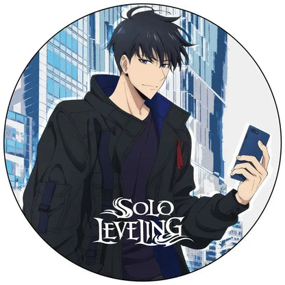 Handmade round solo leveling pin badge featuring an anime character in a black hooded jacket holding a dark blue smartphone