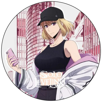 Anime character wearing a black baseball cap with a small white logo featuring solo leveling handmade round pin badge design