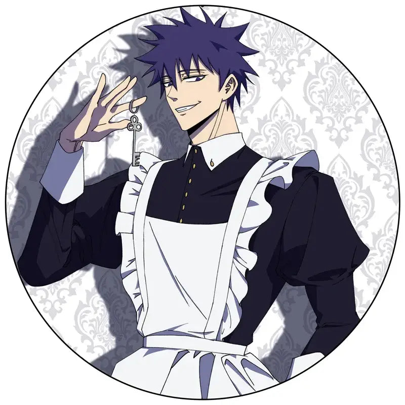 Solo leveling pin badge featuring a handmade round brooch of an anime character in black and white maid outfit with spiky blue hair