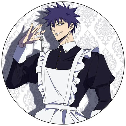 Solo leveling pin badge featuring a handmade round brooch of an anime character in black and white maid outfit with spiky blue hair