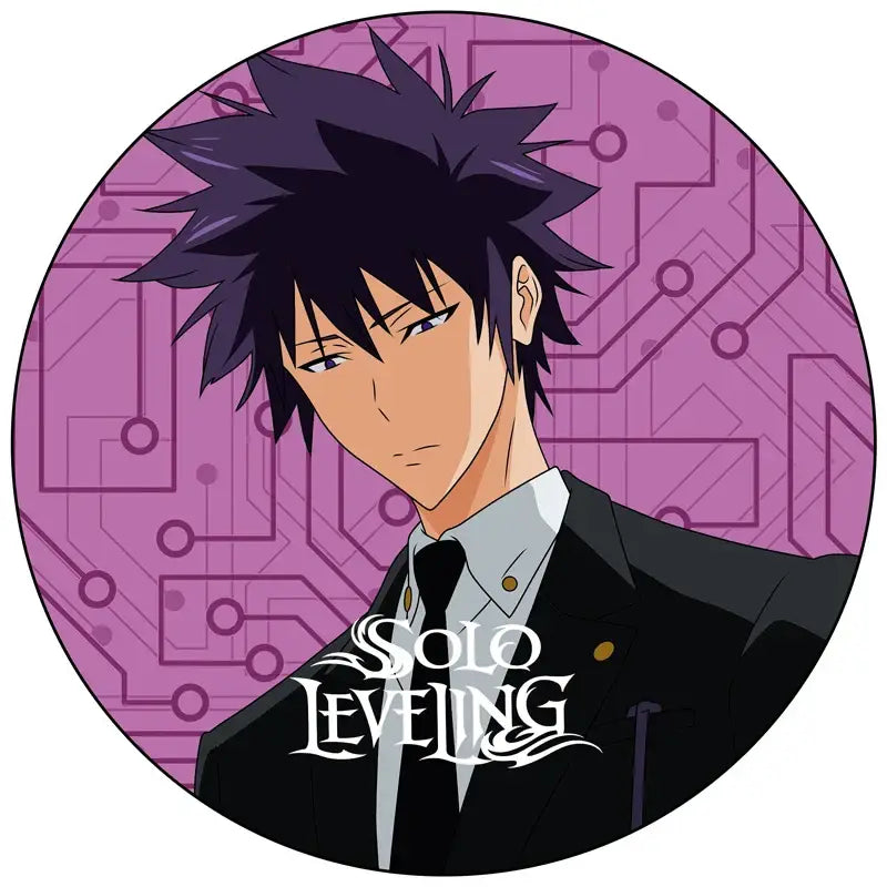 Circular solo leveling pin badge featuring sung jin-woo in a black suit on a purple circuit background handmade round brooch
