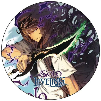 Solo leveling handmade round pin badge featuring an anime character with brown hair and a glowing green sword