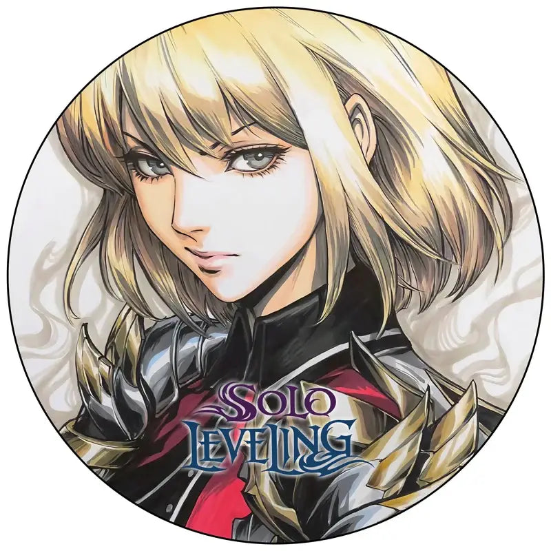 Circular handmade round brooch featuring solo leveling sung jin-woo in black and gold armor with red accents