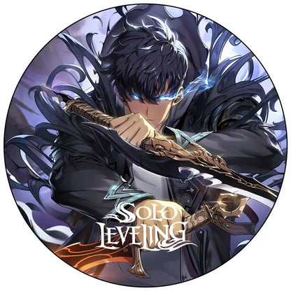 Solo leveling handmade round pin badge featuring an anime character with glowing blue eyes and golden sword hilt