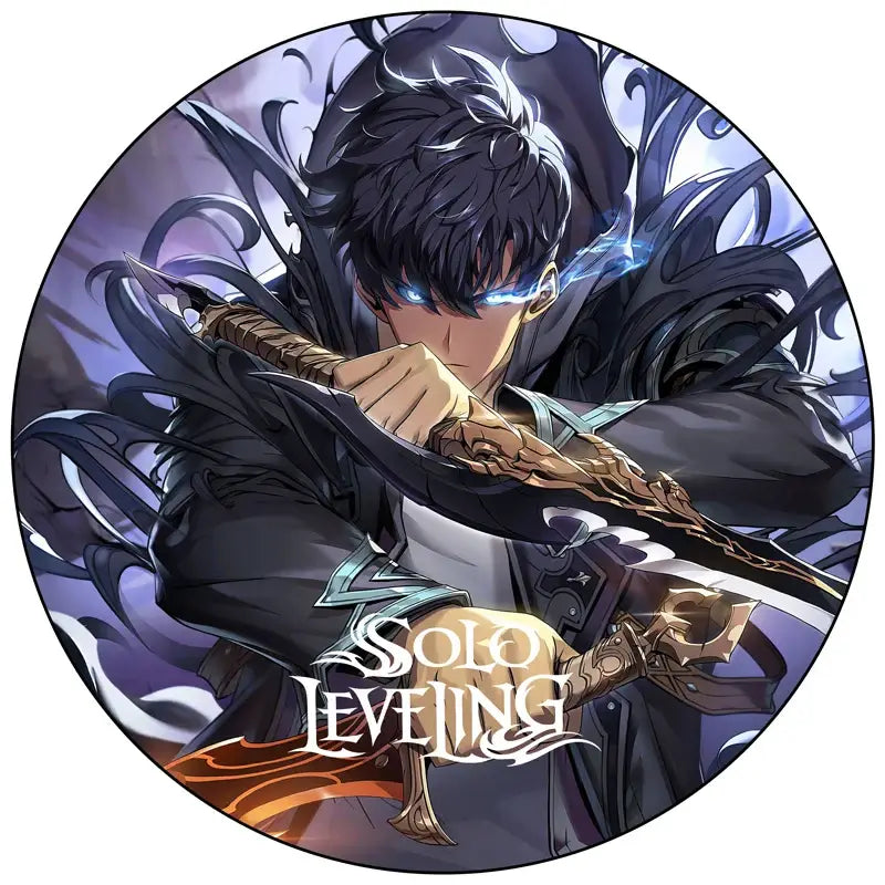 Handmade round brooch featuring solo leveling sung jin-woo with glowing blue eyes and sword on purple background