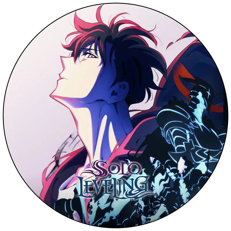 Circular vinyl record pin badge featuring solo leveling anime character with spiky red black hair and glowing blue armor