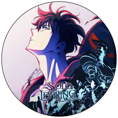 Circular vinyl record pin badge featuring solo leveling anime character with spiky red black hair and glowing blue armor