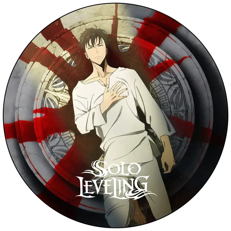Handmade round solo leveling pin badge featuring an anime character in white with red and gray patterned vinyl background