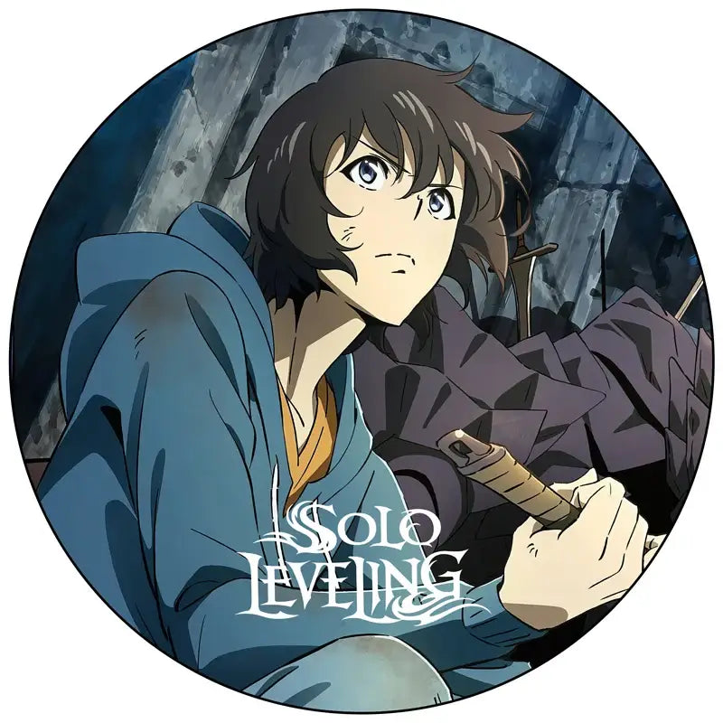 Circular solo leveling pin badge featuring anime character with brown hair blue eyes holding sword hilt in teal hoodie