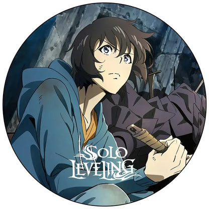 Circular solo leveling pin badge featuring anime character with brown hair blue eyes holding sword hilt in teal hoodie
