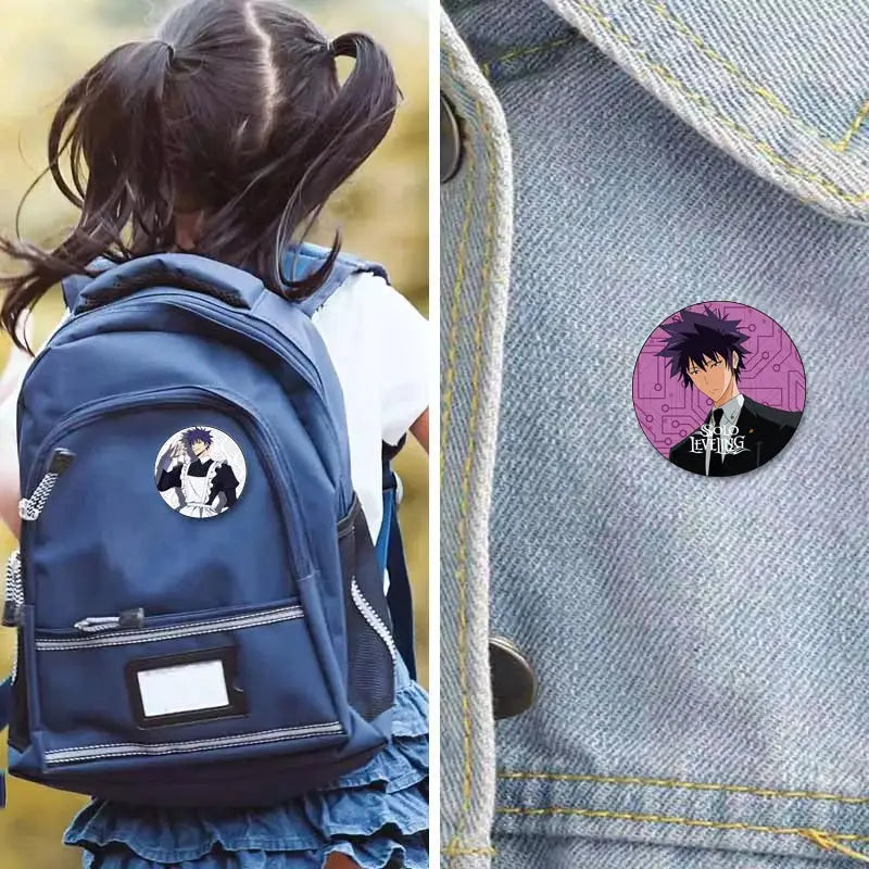 Blue backpack with handmade round solo leveling sung jin-woo pin badge featuring an anime character design