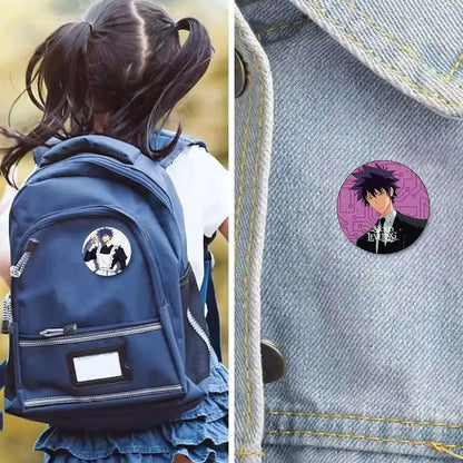 Blue backpack with handmade round solo leveling sung jin-woo pin badge featuring an anime character design
