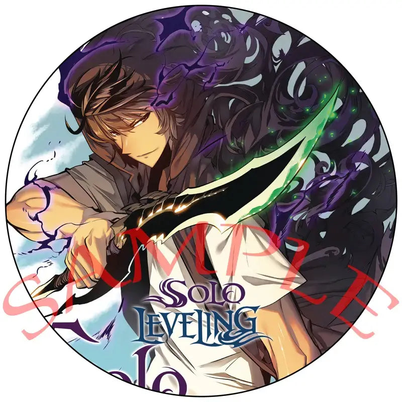 Solo leveling handmade round pin badge featuring anime character with brown hair and glowing green sword design