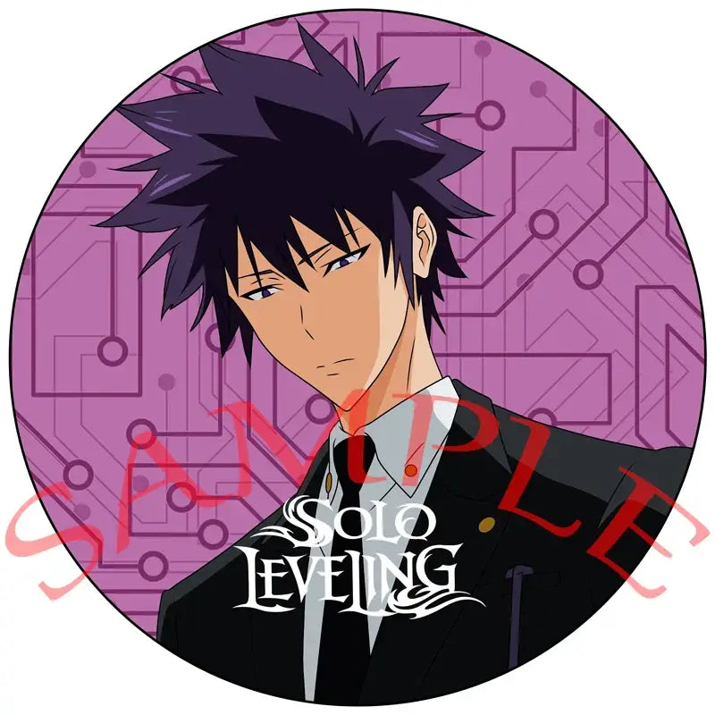 Solo leveling sung jin-woo pin badge handmade round brooch with anime character in black suit on purple circuit background